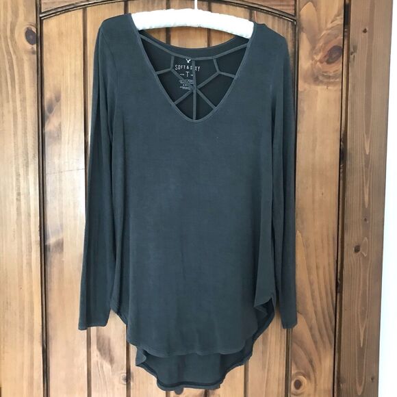 American Eagle Soft & Sexy Strappy Neck Gray Tunic Jegging Shirt Sz Small AE EUC - Picture 4 of 10